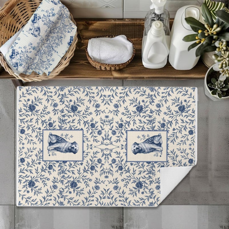 EKGJW Blue Chinoiserie Golden Retriever Kitchen Towels, Gifts for Golden Retriever Lovers Dish Tea Towels for Kitchen, Vintage French Toile Dog Decorative Hand Towel for Bathroom, 16x24 Inch Set of 2 - Image 5